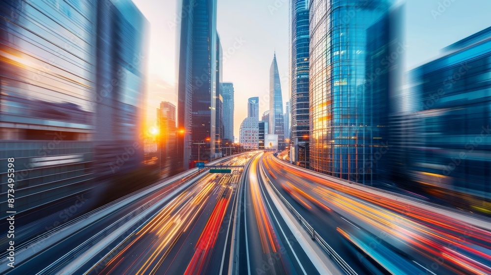 side view of blurred motion highway with modern city skyline in the background