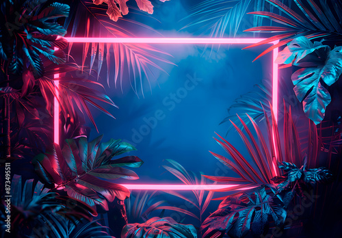 High-resolution illustration of a neon pink and blue frame with tropical leaves. Minimalist 3D game art style with no gradient shading or shapes. Ideal for flyers or posters. Generative Ai.