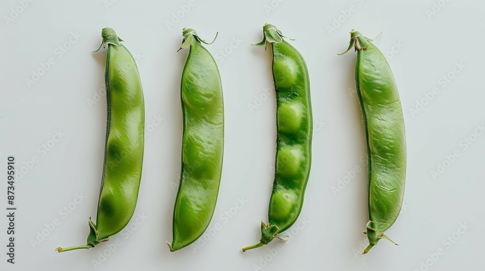 Fresh green pea pods on white background. Close-up image of four fresh green pea pods arranged horizontally against a white background. Fresh green pea pods on white background. Close-up image of four fresh green pea pods arranged horizontally against a white background.