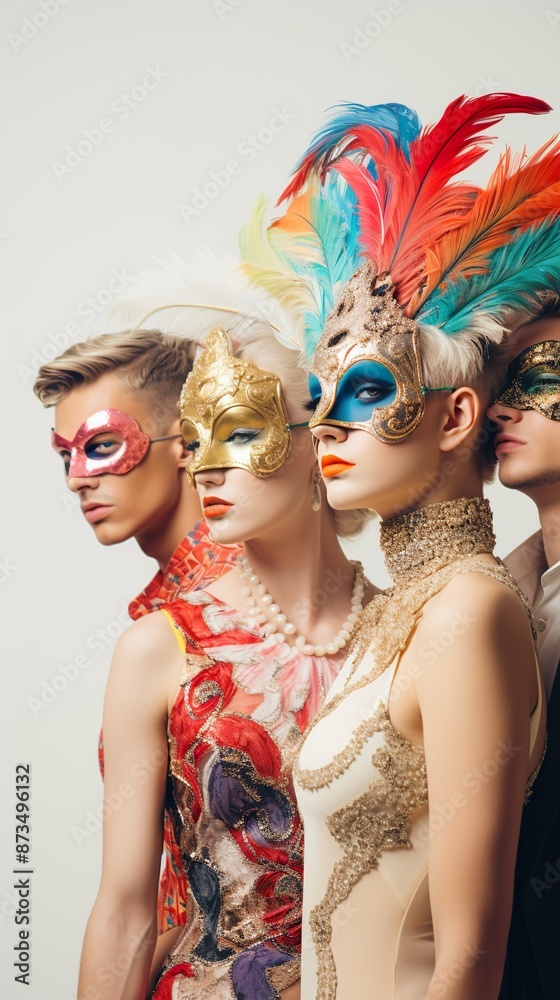 Fototapeta premium Group of people in masquerade carnival mask posing in studio. Beautiful women and men wearing venetian mask. Fashion, party, friends concept