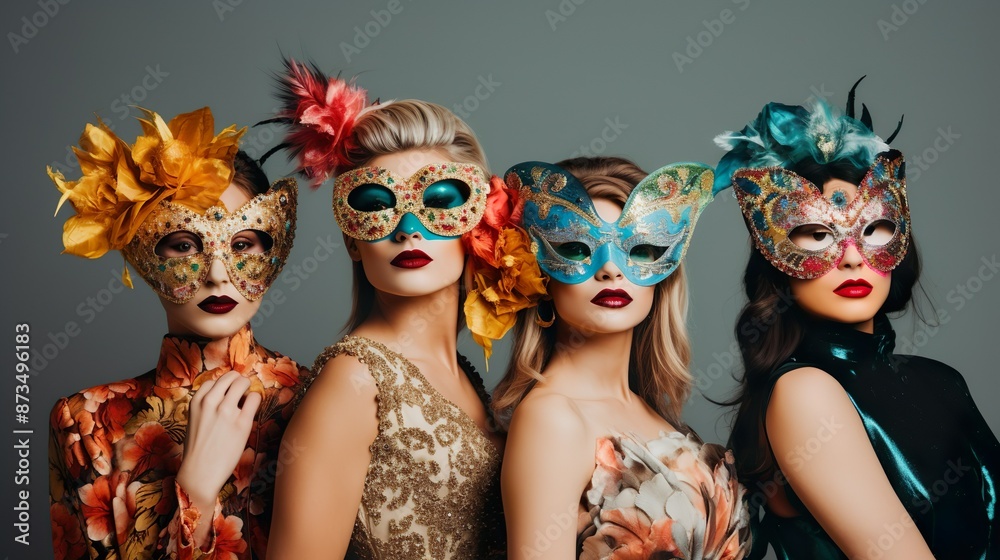 Fototapeta premium Group of people in masquerade carnival mask posing in studio. Beautiful women and men wearing venetian mask. Fashion, party, friends concept