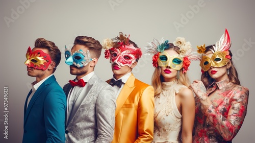 Group of people in masquerade carnival mask posing in studio. Beautiful women and men wearing venetian mask. Fashion, party, friends concept

