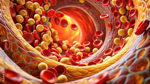 A close up of red and yellow blood cells in a vein