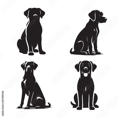 Black and White Sitting Dog Illustration, Simple Dog Sit Pose silhouette, Vector Dog Sitting Silhouettes