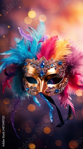 multi color Female carnival mask with shiny background. LV Mardi Gras sequined mask, decorated with feathers on a bed of feathered Mardi Gras feather Boas. Colorful beads and spot lights of color.