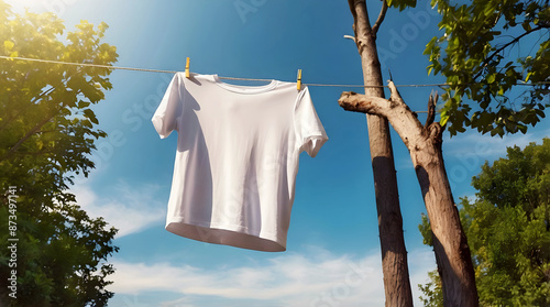 Blank white t-shirt mock up hanging on drying rope, blue sky background, fashion and clothing, copy space area, template