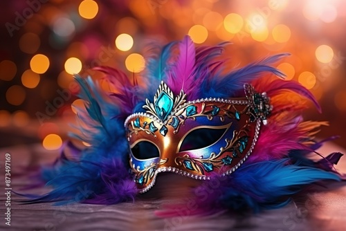 multi color Female carnival mask with shiny background. LV Mardi Gras sequined mask, decorated with feathers on a bed of feathered Mardi Gras feather Boas. Colorful beads and spot lights of color.