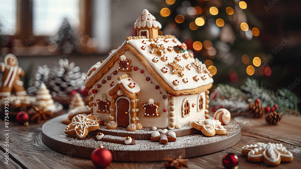 Beautiful and cozy Christmas background.Gingerbread house, close-up Beautiful and cozy Christmas background.Gingerbread house, close-up