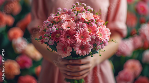 Beautiful bouquet of flowers cradled in a woman’s hands, soft and elegant