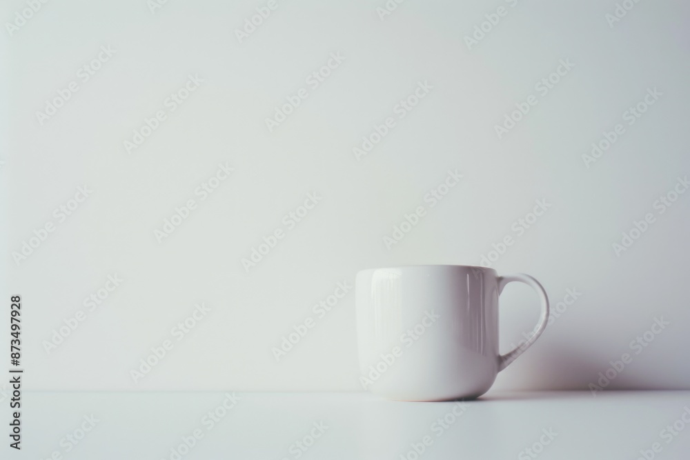 A white mug with a curved handle sits on a white surface in front of a blank white wall A white mug with a curved handle sits on a white surface in front of a blank white wall