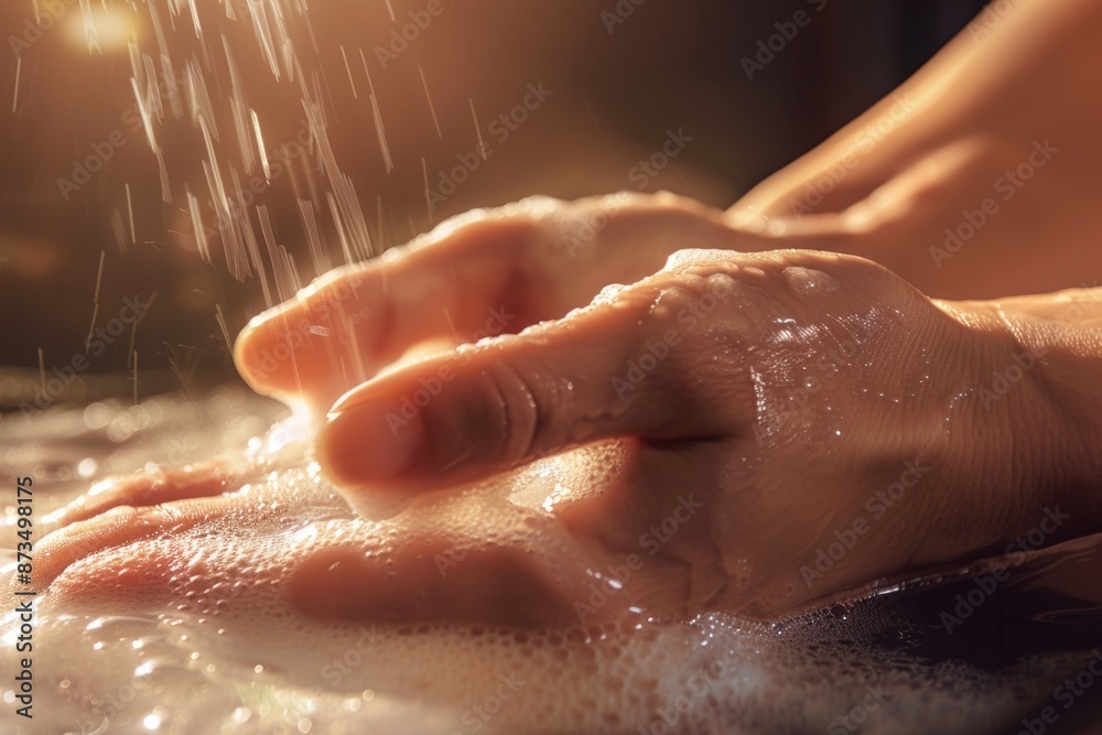 Fototapeta premium A close-up shot of hands washing with soapy water, illuminated by warm, golden sunlight