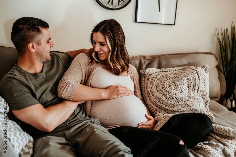 A pregnant woman sits on a couch with her partner, both smiling and looking at each other A pregnant woman sits on a couch with her partner, both smiling and looking at each other