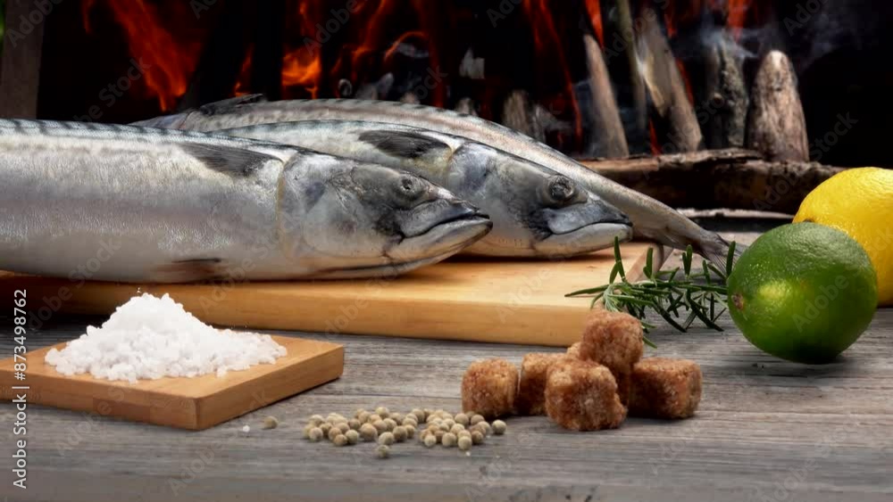 Ingredients for preparing Mackerel fish on the grill. Lemons and limes, brown sugar and sea salt on the background of burning fire. High quality 4k footage Ingredients for preparing Mackerel fish on the grill. Lemons and limes, brown sugar and sea salt on the background of burning fire. High quality 4k footage