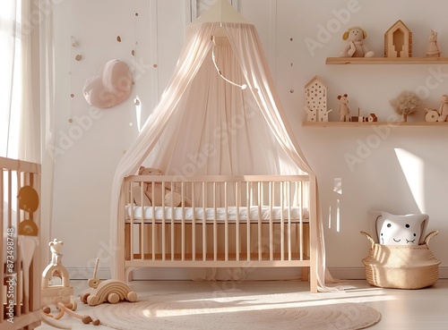  Scandinavian nursery room with pastel pink and white colors, featuring a baby's crib under a canopy, wooden toys on shelves, © Noor