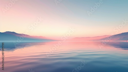 Serene sunrise over calm lake with pastel sky and distant mountains, tranquil abstract background for commercial use