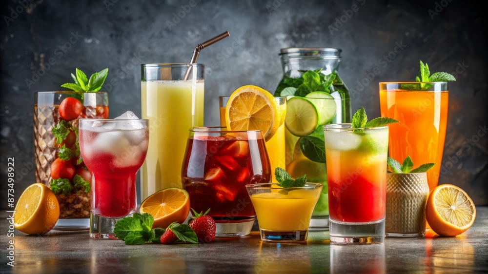 A table full of various drinks including orange juice, lemonade, and iced tea A table full of various drinks including orange juice, lemonade, and iced tea