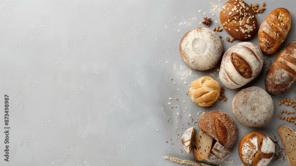 Obraz premium assorted freshly baked artisanal bread on light background with copy space