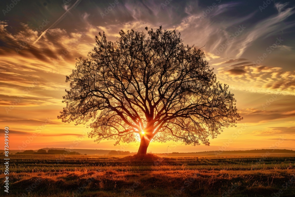 A solitary tree stands tall, silhouetted against a backdrop of a vibrant sunset. Golden hues paint the sky, creating a dramatic and breathtaking scene