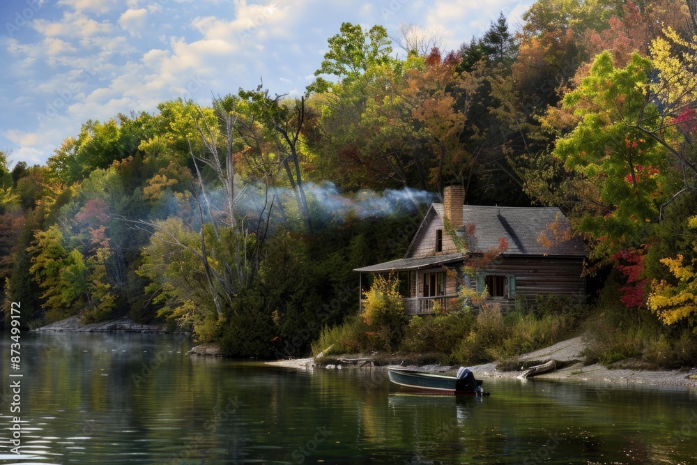 A cozy cabin nestled amongst colorful autumn foliage, with smoke rising from the chimney and a small boat moored at the lakeshore A cozy cabin nestled amongst colorful autumn foliage, with smoke rising from the chimney and a small boat moored at the lakeshore