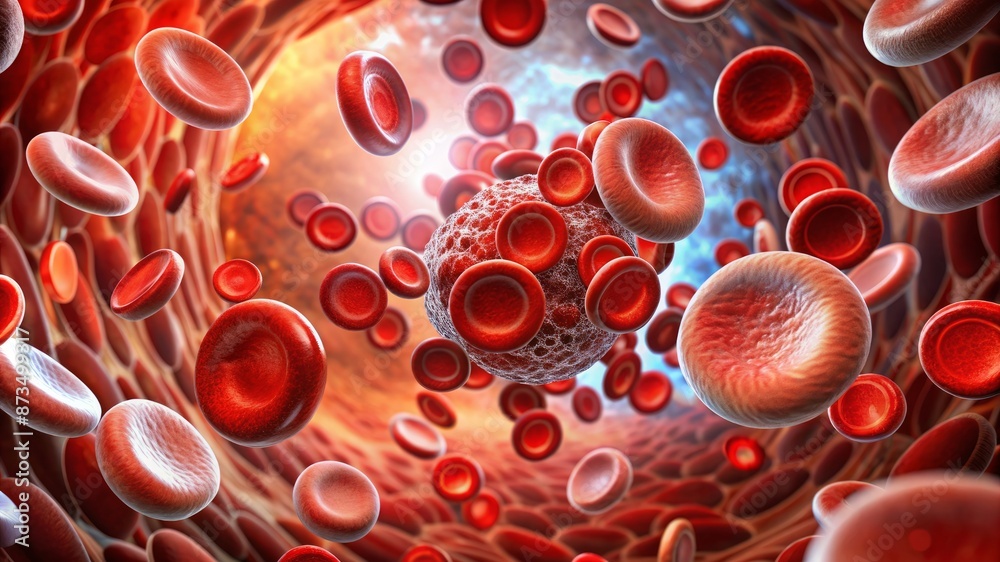 A red and orange blood vessel with many red blood cells floating in it