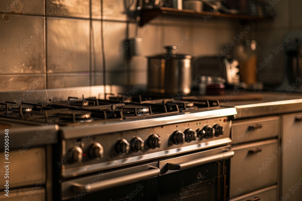 Stainless steel gas stove in the kitchen. Selective focus. Stainless steel gas stove in the kitchen. Selective focus.