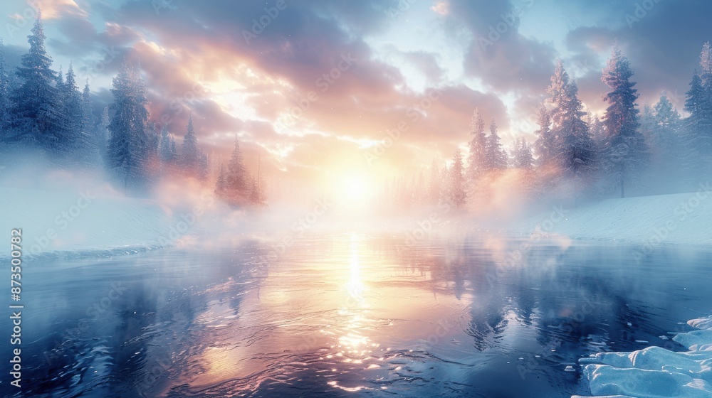 Obraz premium Breathtaking Winter Sunrise Over a Snow-Covered Forest and a Serene, Reflective Lake, Enveloped in a Mystical Foggy Atmosphere