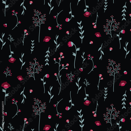 Modern contemporary Seamless pattern with ethereal wildflowers, leaves. vintage dry pressed wild flower plants, grass. Nature floral background. Texture for Cloth, Textile, Wallpaper, fashion prints