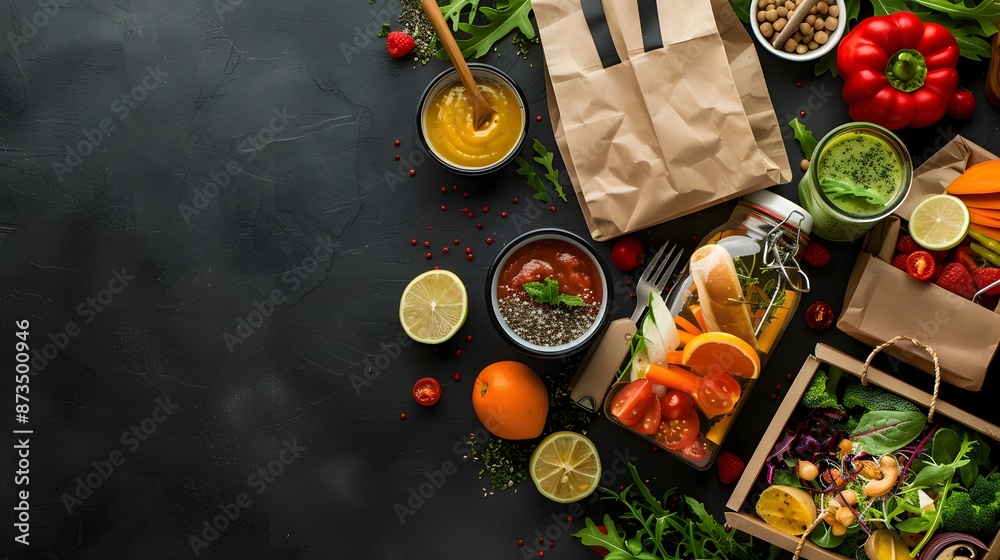 Healthy meal diet plan daily ready menu black background, fresh dishes in paper boxes, smoothie, fork knife on paper eco bag as food delivery service at home in office, flat lay, website photo banner Healthy meal diet plan daily ready menu black background, fresh dishes in paper boxes, smoothie, fork knife on paper eco bag as food delivery service at home in office, flat lay, website photo banner