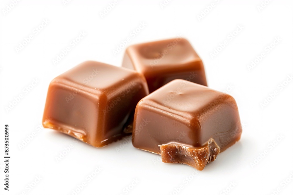 Three Toffee Caramel Candies on White Background with Bite Three Toffee Caramel Candies on White Background with Bite