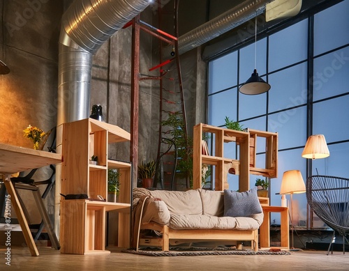 cómodos sofás y mesa de madera colocados cerca de plantas en macetas contra la ventana en la sala de estar  photo