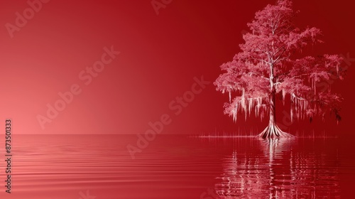 Stunning Red-Hued Conceptual Art of a Solitary Tree in Calm Water with Reflections - Serene and Minimalist Scenic Landscape