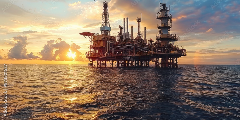 Offshore Oil Rig at Sunset: Majestic Industrial Structure with Dramatic ...