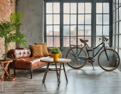 cómodos sofás y mesa de madera colocados cerca de plantas en macetas contra la ventana en la sala de estar 