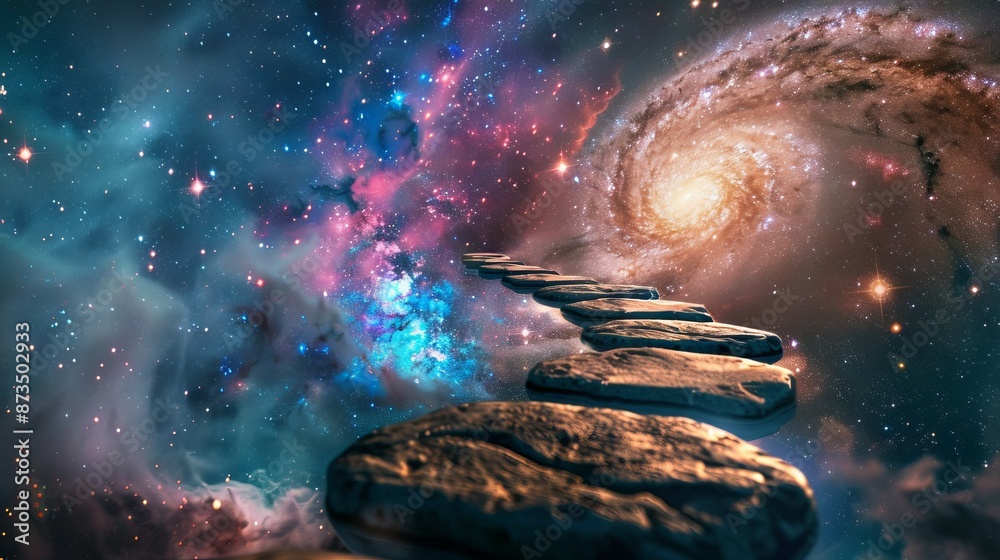 Cosmic pathway. A surreal image depicting a pathway of stepping stones leading towards a swirling galaxy in a breathtaking cosmic landscape. Cosmic pathway. A surreal image depicting a pathway of stepping stones leading towards a swirling galaxy in a breathtaking cosmic landscape.