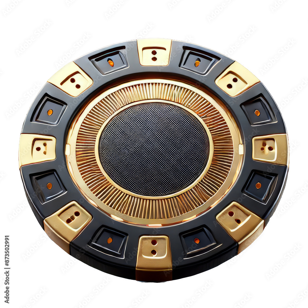 Fototapeta premium Golden and black roulette wheel on white background representing luxury casino gaming. Isoladet no background