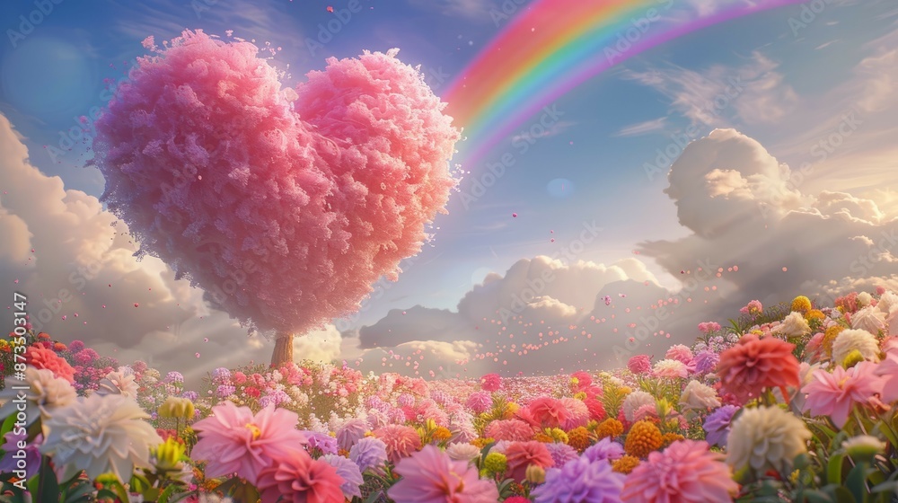 Heart tree and rainbow in a flower field. Discover a whimsical scene with a heart-shaped tree, a vibrant rainbow, and a field of colorful blossoms. Heart tree and rainbow in a flower field. Discover a whimsical scene with a heart-shaped tree, a vibrant rainbow, and a field of colorful blossoms.