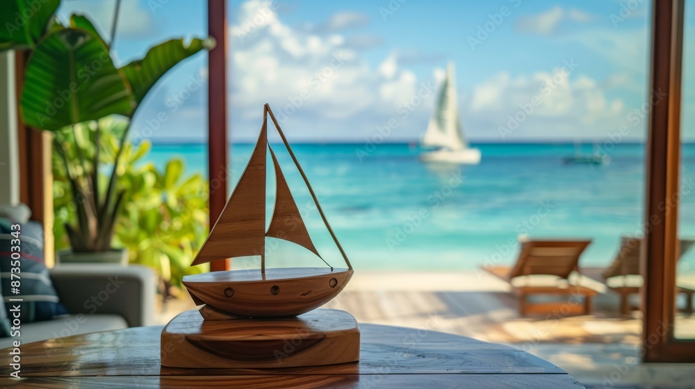 Obraz premium Tropical getaway. Relax in a tropical paradise with stunning ocean views and sailboat decor. Experience the beauty of nature and create unforgettable memories.