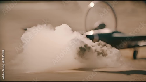 A small plane is flying through the air, leaving a trail of dust behind it. Concept of motion and excitement, as the plane soars through the sky