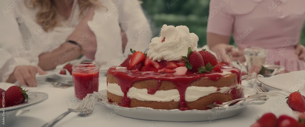 ### A dining table with cakes and strawberries. Some cakes have whipped cream, others have strawberry sauce. Various cakes are arranged, ready for serving or enjoying. ### ### A dining table with cakes and strawberries. Some cakes have whipped cream, others have strawberry sauce. Various cakes are arranged, ready for serving or enjoying. ###