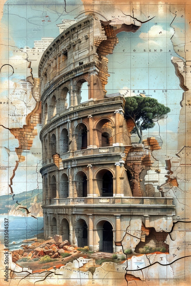 Naklejka premium A historical illustration of a colosseum in an anatomical map, being restored by archaeologists, inspired in the style of vintage maps and national park artwork,