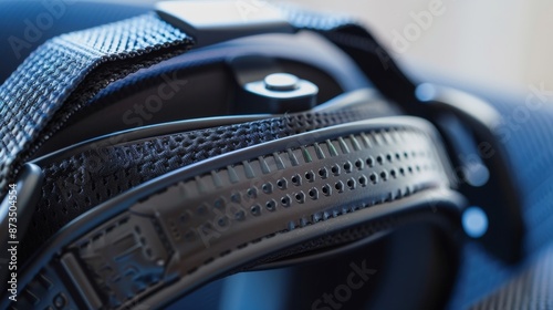 The intricate details of the adjustable ss and velcro fastenings on a VR headset ensuring a snug and comfortable fit.