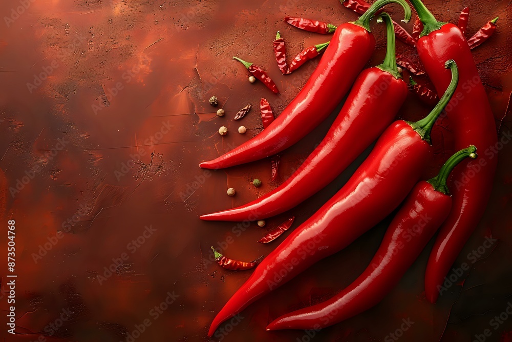 Close-up of vibrant red chili peppers with assorted spices on a rustic background, perfect for culinary, food, and spice-themed projects, highlighting bold flavors and vibrant colors. Close-up of vibrant red chili peppers with assorted spices on a rustic background, perfect for culinary, food, and spice-themed projects, highlighting bold flavors and vibrant colors.