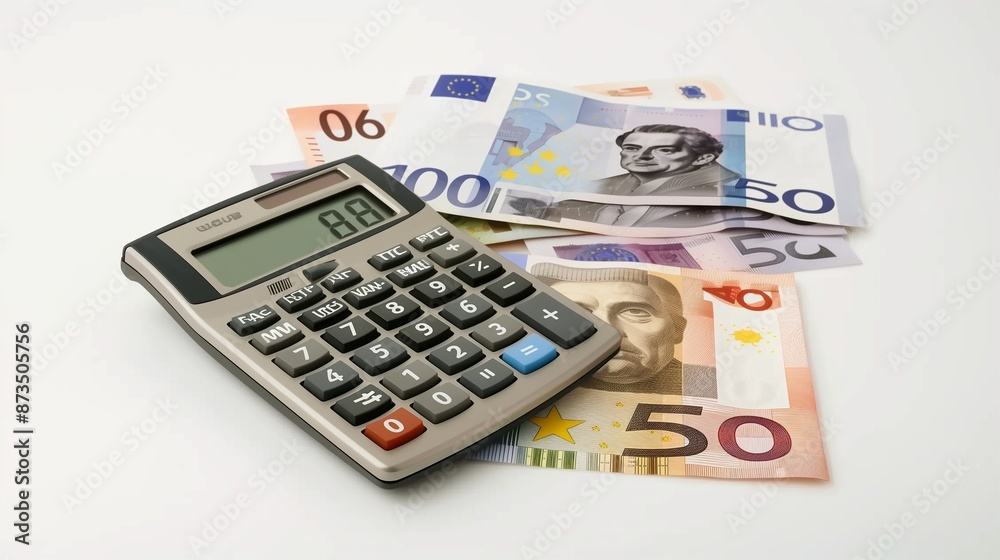 calculator and Euro banknotes on white background calculator and Euro banknotes on white background