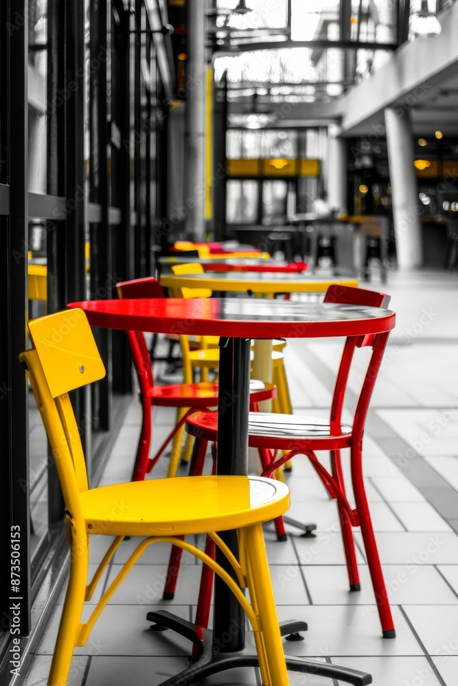 Red and yellow chairs in a cafe. Black and white photo. Red and yellow chairs in a cafe. Black and white photo.