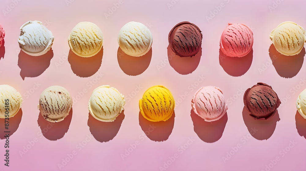 Minimalist ice cream scoops on pastel background lots of different varieties of flavors Minimalist ice cream scoops on pastel background lots of different varieties of flavors