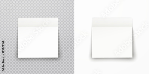 Post note paper sheet or sticky sticker with shadow isolated on transparent and white backgrounds. Vector office memo template.