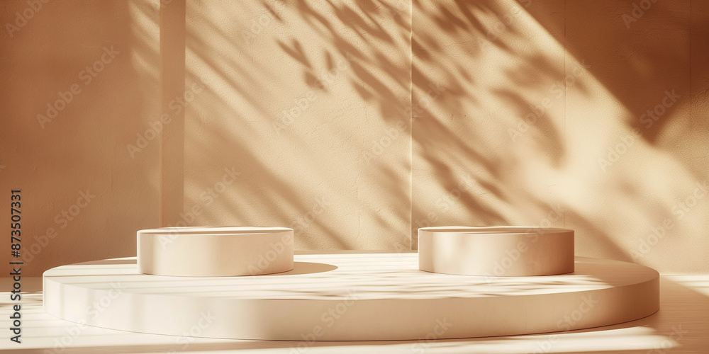 Sunlit beige podium with natural leaf shadows for product display. Mock-up for exhibitions or presentation of eco-friendly products or organic items. 3D rendering. Sunlit beige podium with natural leaf shadows for product display. Mock-up for exhibitions or presentation of eco-friendly products or organic items. 3D rendering.