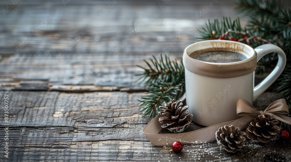 Festive New Year coffee cup with ribbon and pinecones on rustic wood. New year 2025 coffee cup Festive New Year coffee cup with ribbon and pinecones on rustic wood. New year 2025 coffee cup
