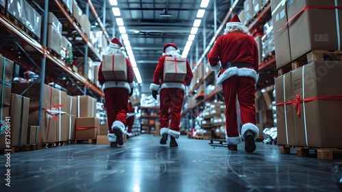Many busy Santa Clauses packing gift boxes preparing fast xmas delivery. Three funny Santas walking in workshop warehouse in Merry Christmas rush delivering presents during holiday preparations. 