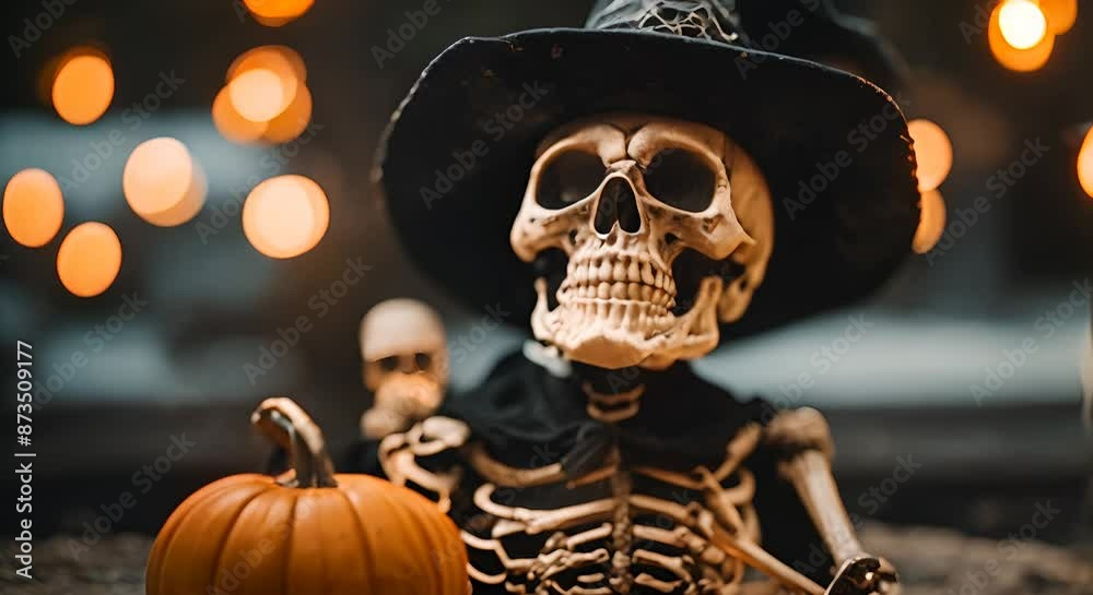 Skeleton wearing witch hat, posing with a pumpkin, celebrating the eve of halloween with bokeh lights in the background